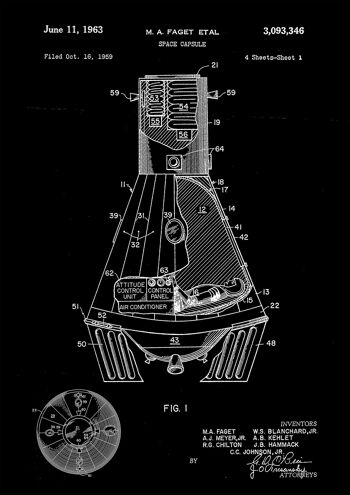 SPACE CAPSULE PRINTS: Patent Blueprint Artwork - A4 - Noir - Gros plan avec l'astronaute