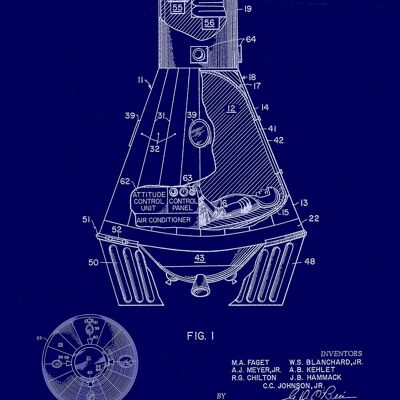 SPACE CAPSULE PRINTS: Patent Blueprint Artwork - A3 - Blue - Close up with astronaut