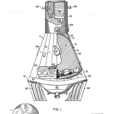 SPACE CAPSULE PRINTS: Patent Blueprint Artwork – A3 – Weiß – Nahaufnahme mit Astronaut
