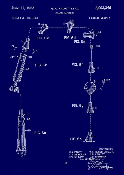 SPACE CAPSULE PRINTS: Patent Blueprint Artwork - 16 x 24" - Blue - Diagram of journey