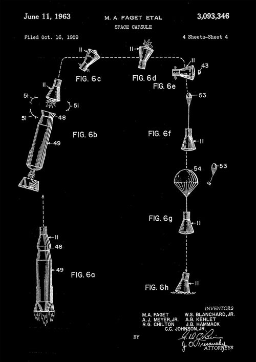 SPACE CAPSULE PRINTS: Patent Blueprint Artwork - 16 x 24" - Black - Diagram of journey