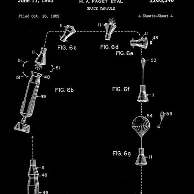 SPACE CAPSULE PRINTS: Patent Blueprint Artwork – 16 x 24" – Schwarz – Diagramm der Reise
