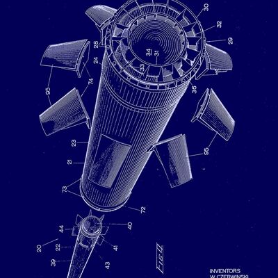 MISSILE ROCKET PRINTS: Patent Blueprint Artwork - 7 x 5" - Blue - Long and detached