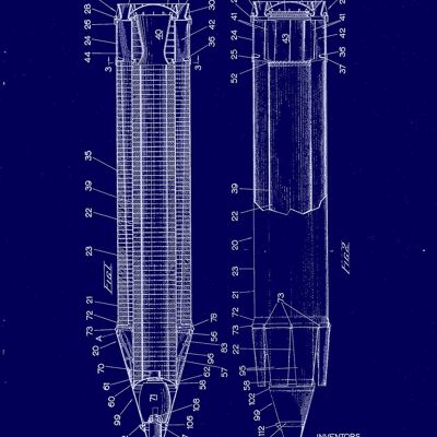 IMPRESIONES DE MISSILE ROCKET: Patente Blueprint Artwork - 7 x 5" - Azul - Lado a lado