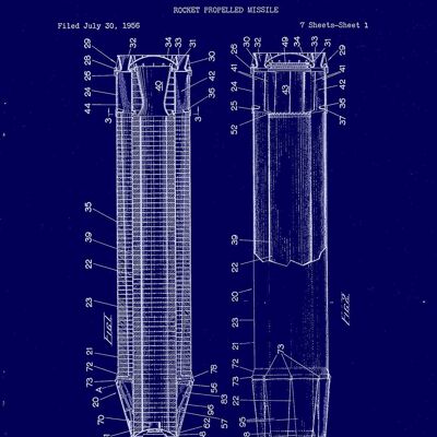 IMPRESIONES DE MISSILE ROCKET: Patente Blueprint Artwork - 7 x 5" - Azul - Lado a lado