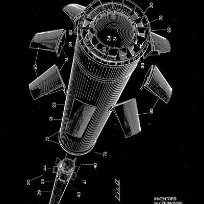 IMPRESIONES DE MISSILE ROCKET: Obra de arte de patente Blueprint - 7 x 5" - Negro - Largo y separado