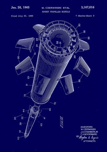 MISSILE ROCKET PRINTS: Patent Blueprint Artwork - A4 - Bleu - Long et détaché