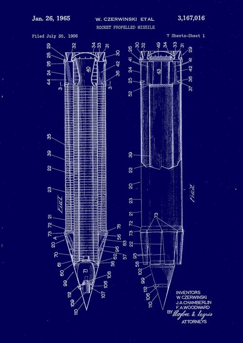 MISSILE ROCKET PRINTS: Patent Blueprint Artwork - A4 - Blue - Side by side