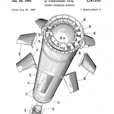 MISSILE ROCKET PRINTS: Patent Blueprint Artwork - A4 - White - Long and detached