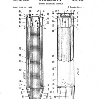 MISSILE ROCKET PRINTS: Patent Blueprint Artwork - A4 - White - Side by side