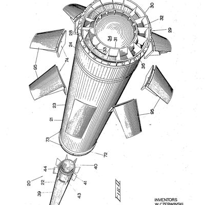 IMPRESIONES DE MISSILE ROCKET: Patente Blueprint Artwork - A3 - Blanco - Largo y separado