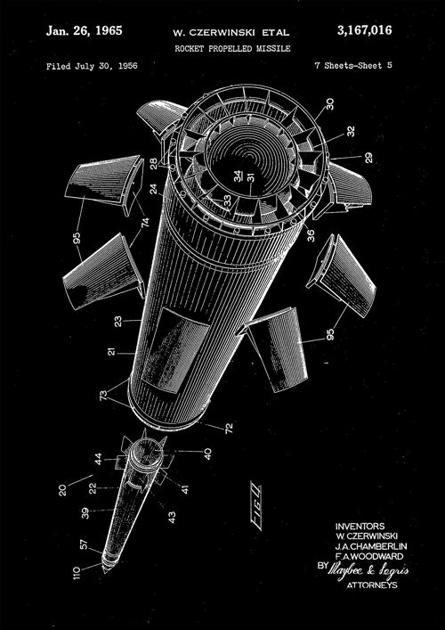 MISSILE ROCKET PRINTS: Patent Blueprint Artwork - A3 - Black - Long and detached