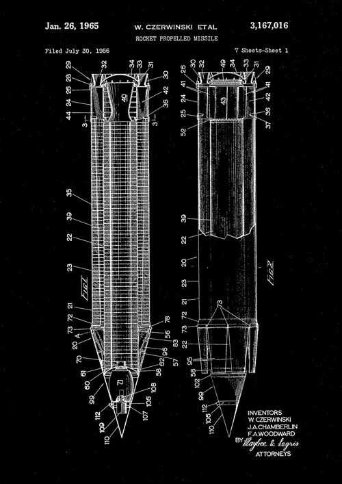 MISSILE ROCKET PRINTS: Patent Blueprint Artwork - 16 x 24" - Black - Side by side