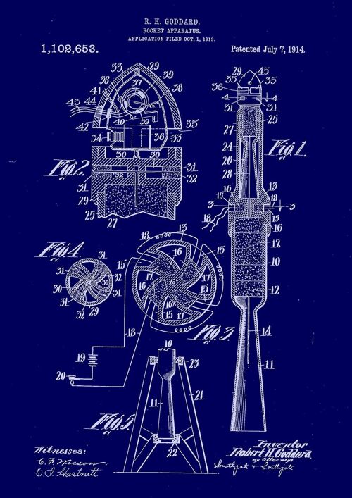 ROCKET PRINT: Vintage Science Blueprint Artwork - 7 x 5" - Blue