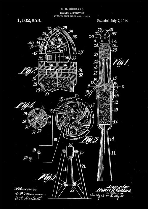 ROCKET PRINT: Vintage Science Blueprint Artwork - 7 x 5" - Black