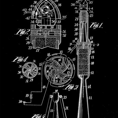 IMPRESIÓN DE ROCKET: Obra de arte de Blueprint de ciencia vintage - 7 x 5" - Negro