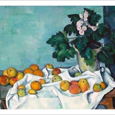 PAUL CEZANNE : Nature morte aux pommes et au pot de primevères, tirage Fine Art - 16 x 24"