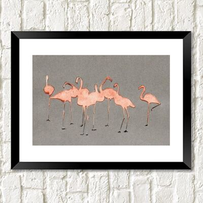 FLAMINGOS ART PRINT: Watercolor on Grey Paper - A4