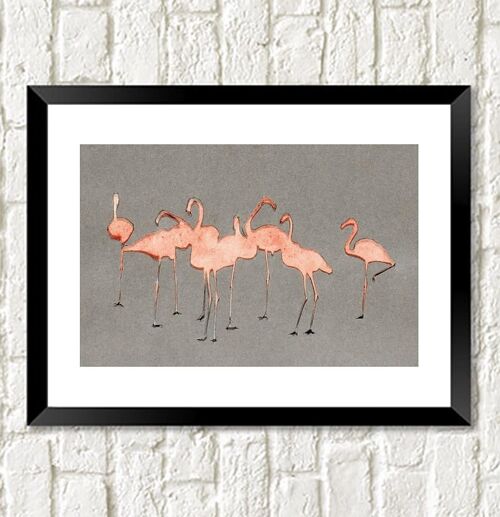 FLAMINGOS ART PRINT: Watercolor on Grey Paper - A3