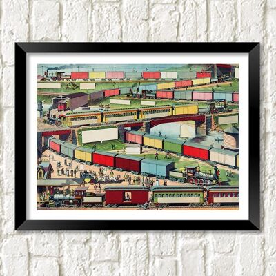 ZIG ZAG TRAIN AFFICHE : Passager et train de marchandises Illustration Print - A4