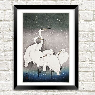 EGRETS ART PRINT: Ilustración de pájaros blancos vintage de Ohara Kosun - A4