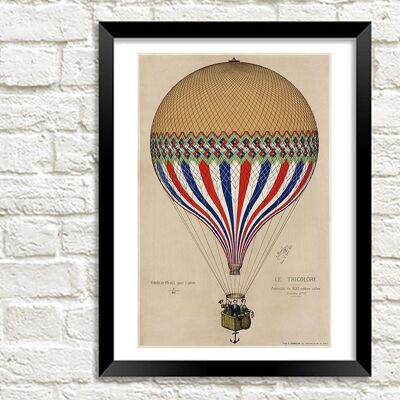 HOT AIR BALLOON POSTER: Vintage Style French Tricolore Art Print - 7 x 5"