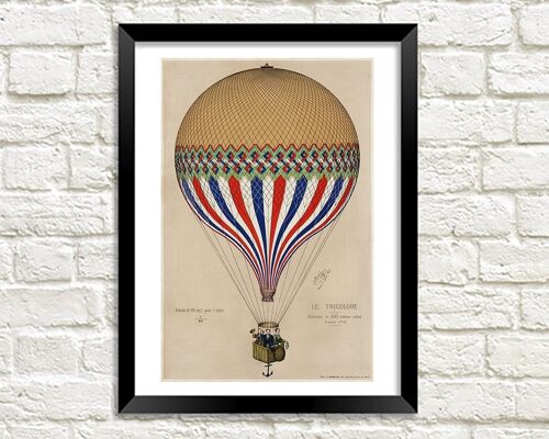 HOT AIR BALLOON POSTER: Vintage Style French Tricolore Art Print - A4