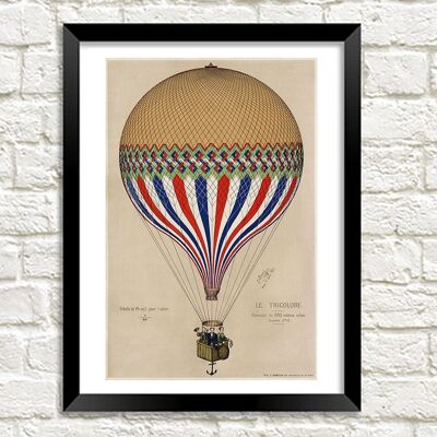 HOT AIR BALLOON POSTER: Vintage Style French Tricolore Art Print - 16 x 24"