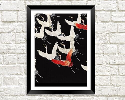 CRANES ART PRINT: Vintage Red and White Birds Illustration - A4