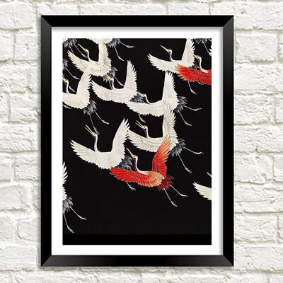 CRANES ART PRINT: Vintage Red and White Birds Illustration - A4