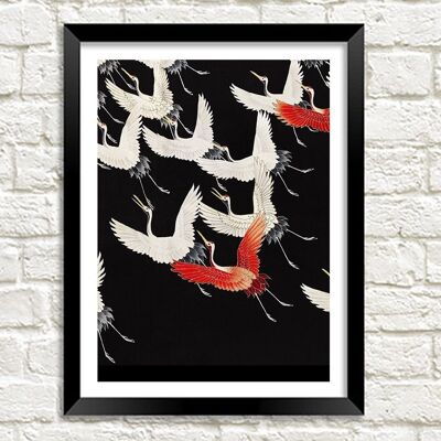 CRANES ART PRINT: Vintage Red and White Birds Illustration - 16 x 24"