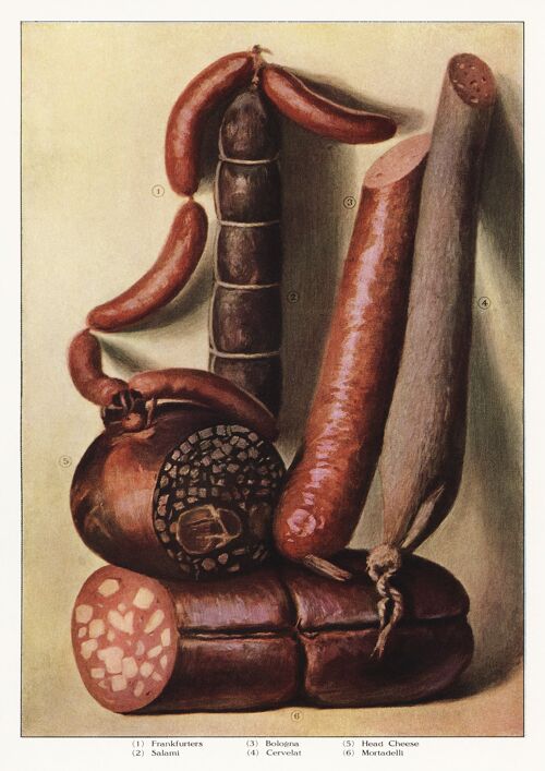 BUTCHER POSTERS: Grocer's Encylopedia Sausage and Steaks Meat Art Prints - A4 - Sausages