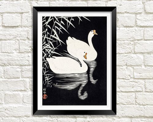 WHITE GEESE ART PRINT: Vintage Chinese Birds Illustration - A4