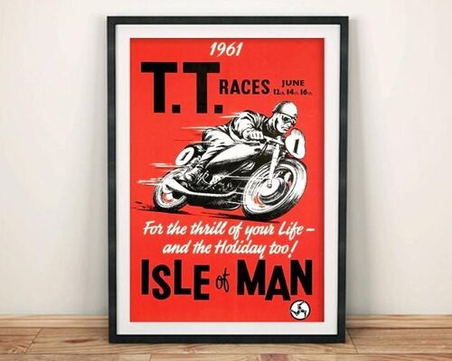 TT RACE POSTER: Vintage Isle of Mann Bike Race Advert - 7 x 5"