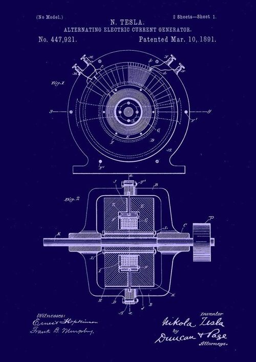 NIKOLA TESLA PATENT PRINT: Electric Motor Blueprint Artwork - 7 x 5" - Blue