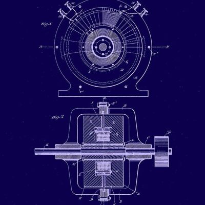 IMPRESIÓN DE PATENTE DE NIKOLA TESLA: Ilustraciones de planos de motores eléctricos - 7 x 5" - Azul
