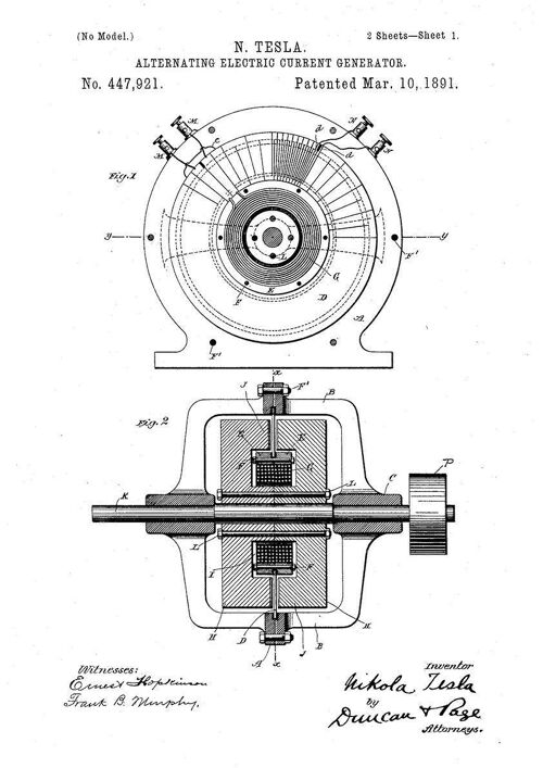 NIKOLA TESLA PATENT PRINT: Electric Motor Blueprint Artwork - 7 x 5" - White