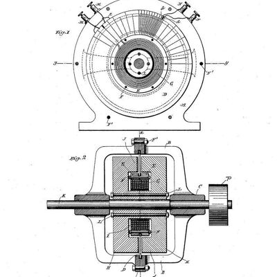 NIKOLA TESLA PATENT PRINT : Illustration de plan de moteur électrique - 7 x 5" - Blanc