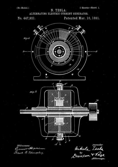 NIKOLA TESLA PATENT PRINT: Electric Motor Blueprint Artwork - 7 x 5" - Black