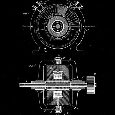 IMPRESIÓN DE PATENTE DE NIKOLA TESLA: Ilustraciones de planos de motores eléctricos - 7 x 5" - Negro