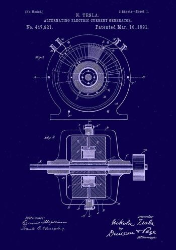 NIKOLA TESLA PATENT PRINT : Illustration de plan de moteur électrique - A4 - Bleu