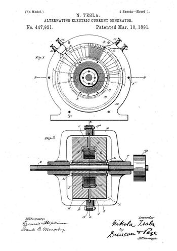 NIKOLA TESLA PATENT PRINT : Illustration de plan de moteur électrique - A4 - Blanc