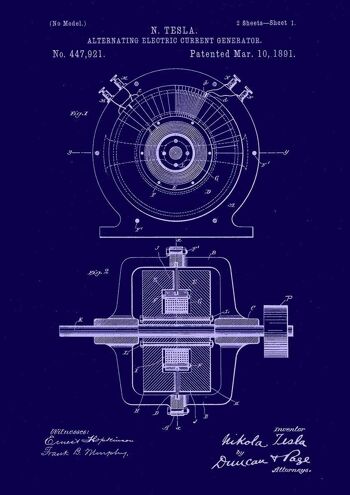 NIKOLA TESLA PATENT PRINT : Illustration de plan de moteur électrique - A3 - Bleu
