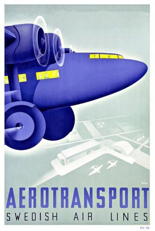 SWEDEN TRAVEL POSTER: Vintage Blue Aeroplane Print - 16 x 24"