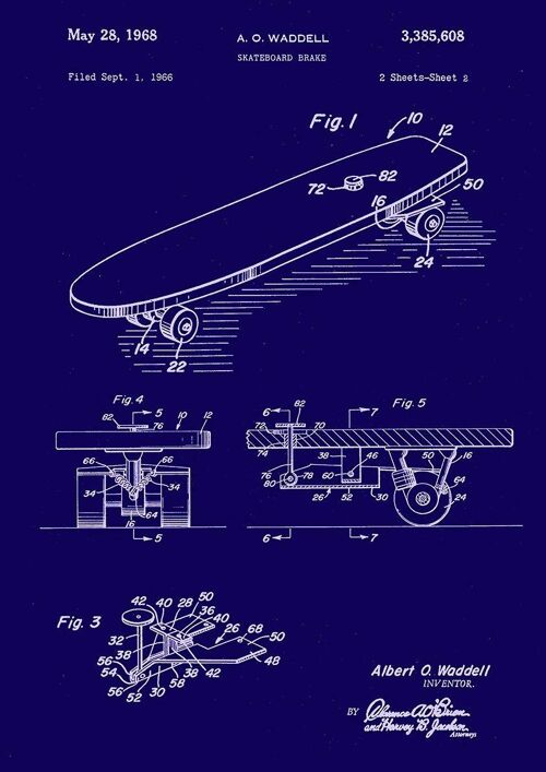 SKATEBOARD PRINTS: Patent Blueprint Artwork - 7 x 5" - Blue - Left hand print