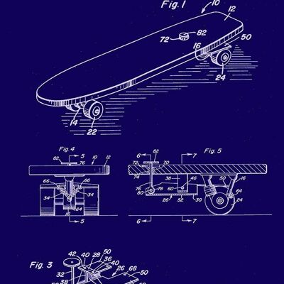 IMPRESIONES DE MONOPATÍN: Patent Blueprint Artwork - 7 x 5" - Azul - Impresión de la mano izquierda