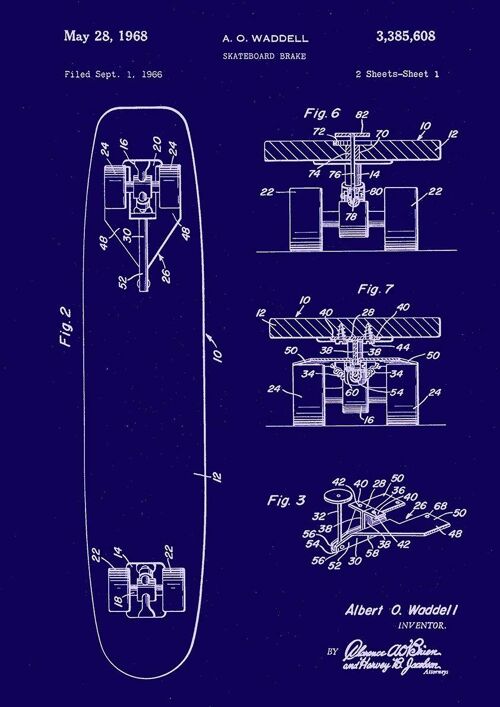 SKATEBOARD PRINTS: Patent Blueprint Artwork - 7 x 5" - Blue - Right hand print