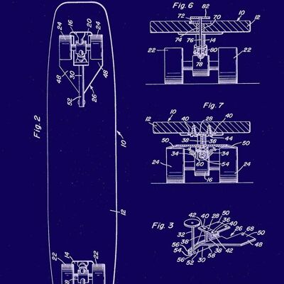 SKATEBOARD PRINTS: Patent Blueprint Artwork - 7 x 5" - Bleu - Impression à droite