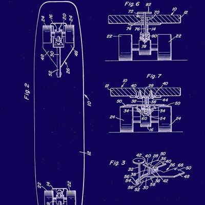 SKATEBOARD PRINTS: Patent Blueprint Artwork - 7 x 5" - Blue - Right hand print