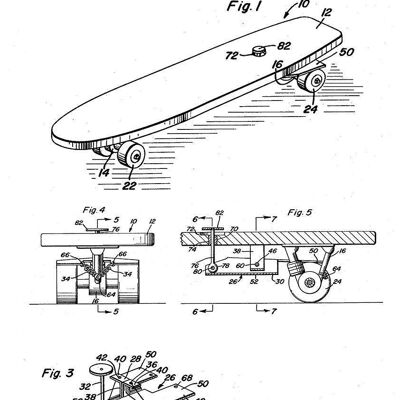 SKATEBOARD PRINTS: Patent Blueprint Artwork - 7 x 5" - White - Left hand print